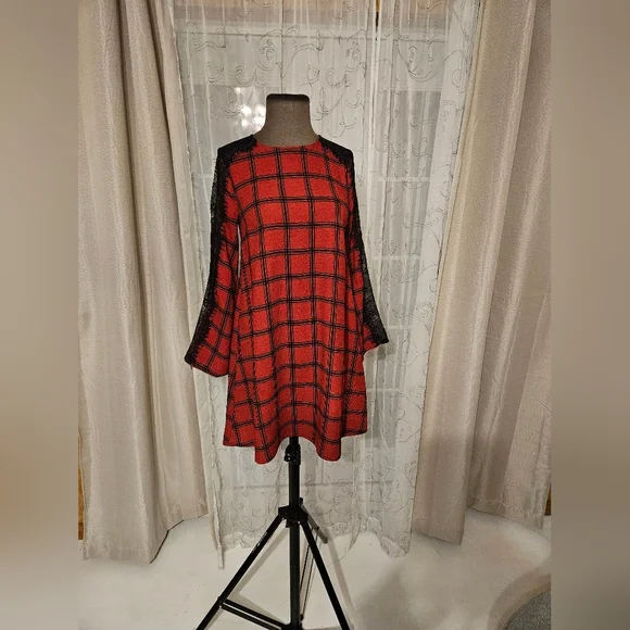 Gianni Bini Red Black Lace Plaid Whimsigoth Business Casual Midi Dress XS - Picture 5 of 16